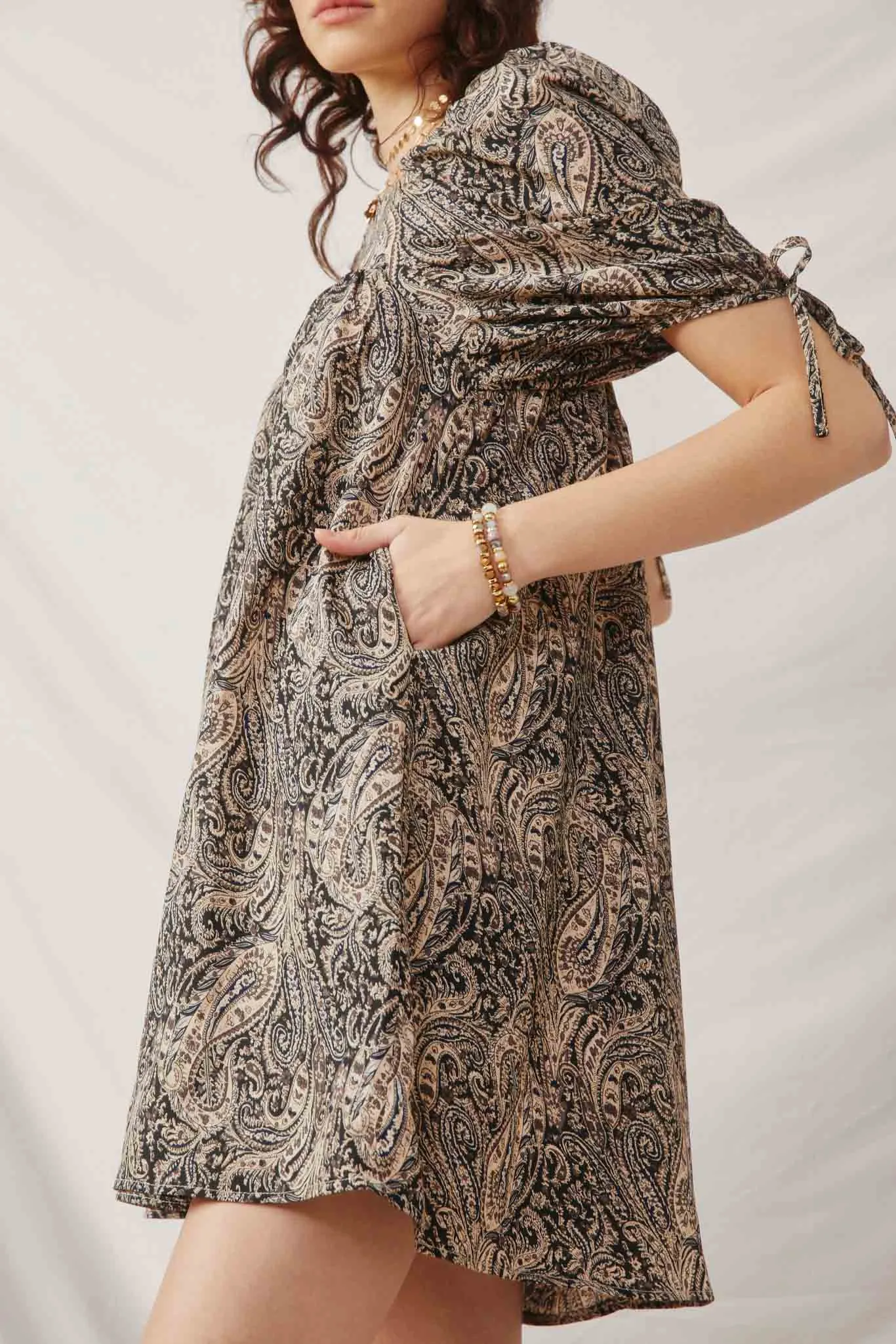 Paisley Print Tie Sleeve Square Neck Dress