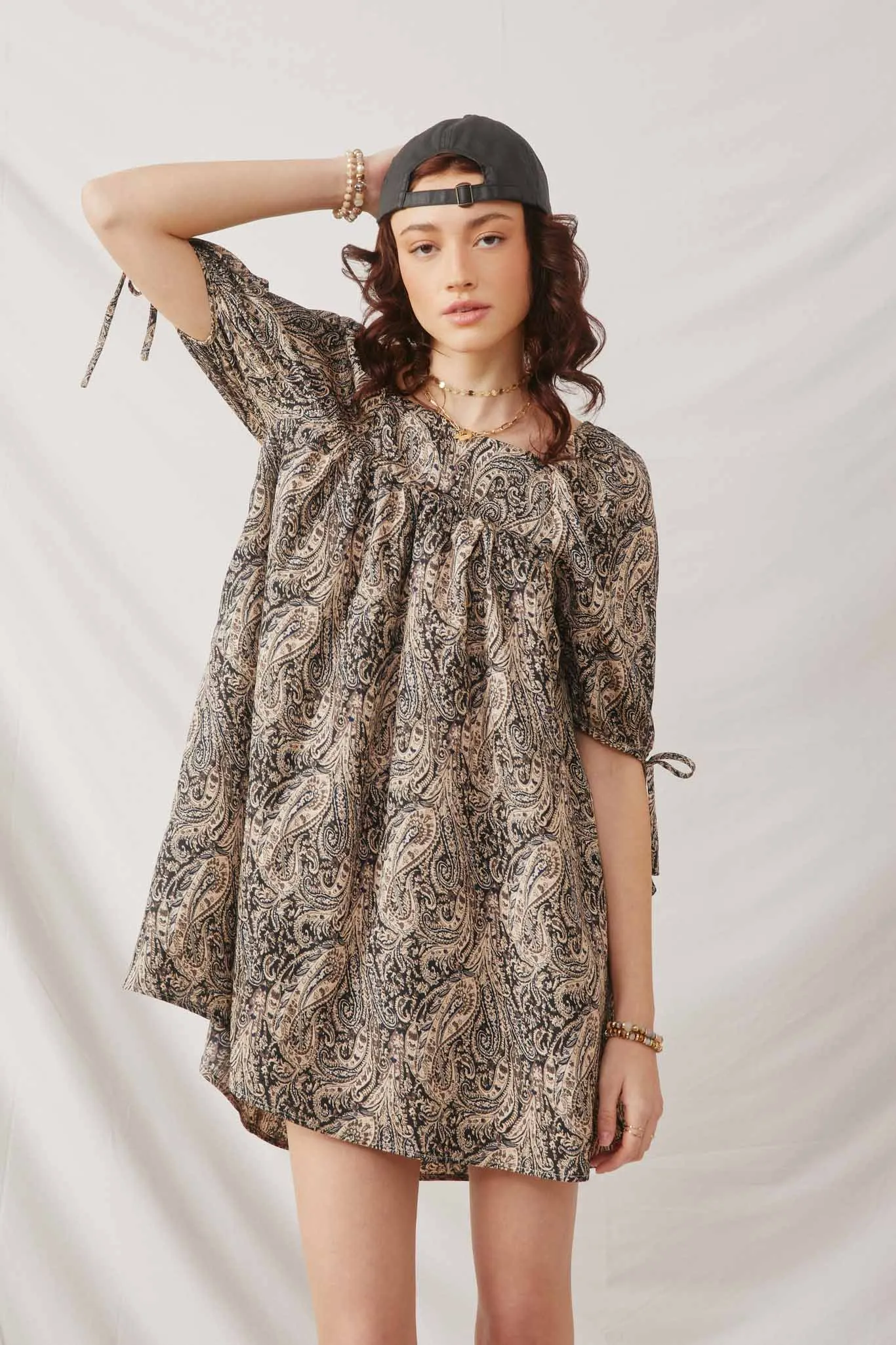 Paisley Print Tie Sleeve Square Neck Dress