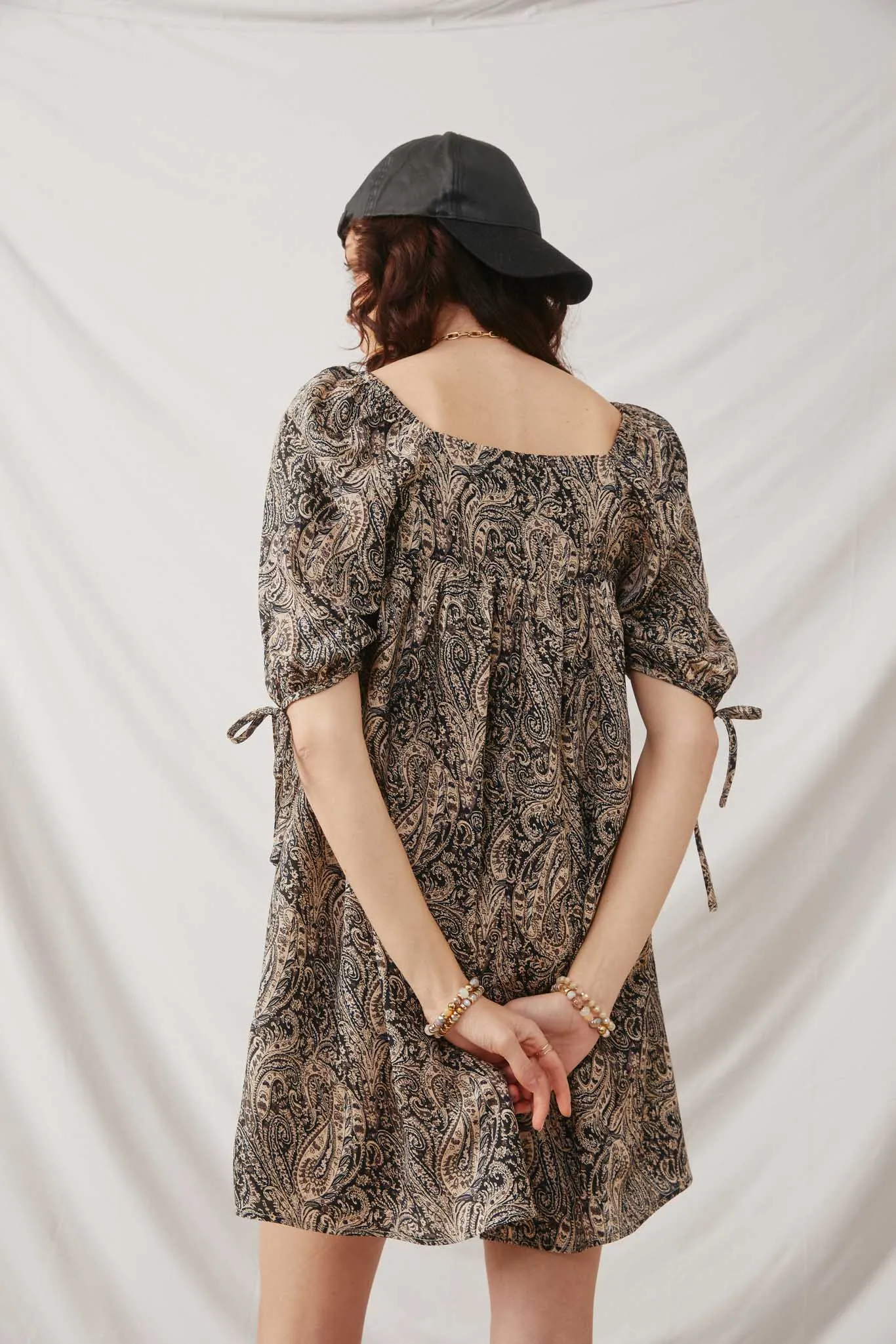 Paisley Print Tie Sleeve Square Neck Dress