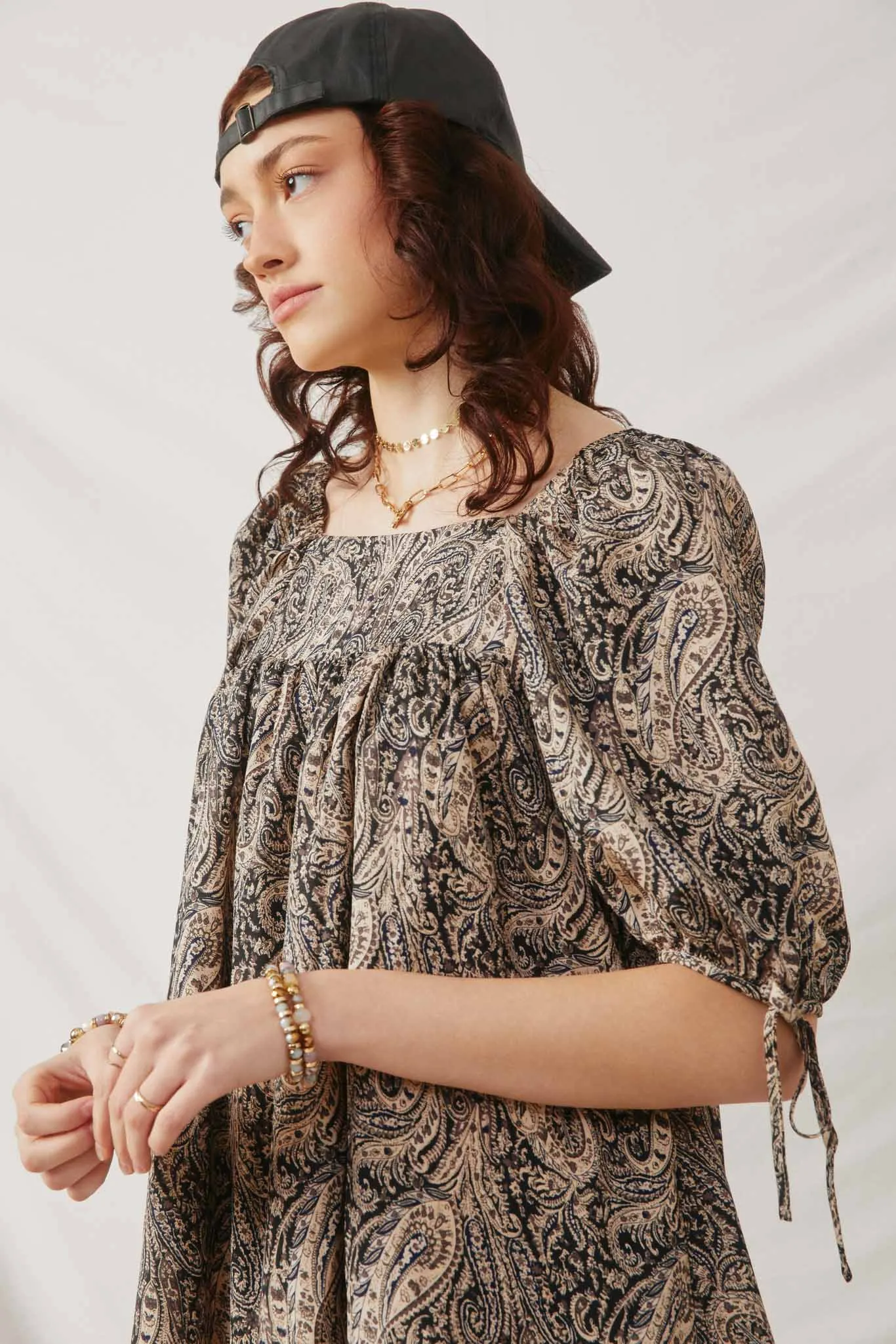 Paisley Print Tie Sleeve Square Neck Dress