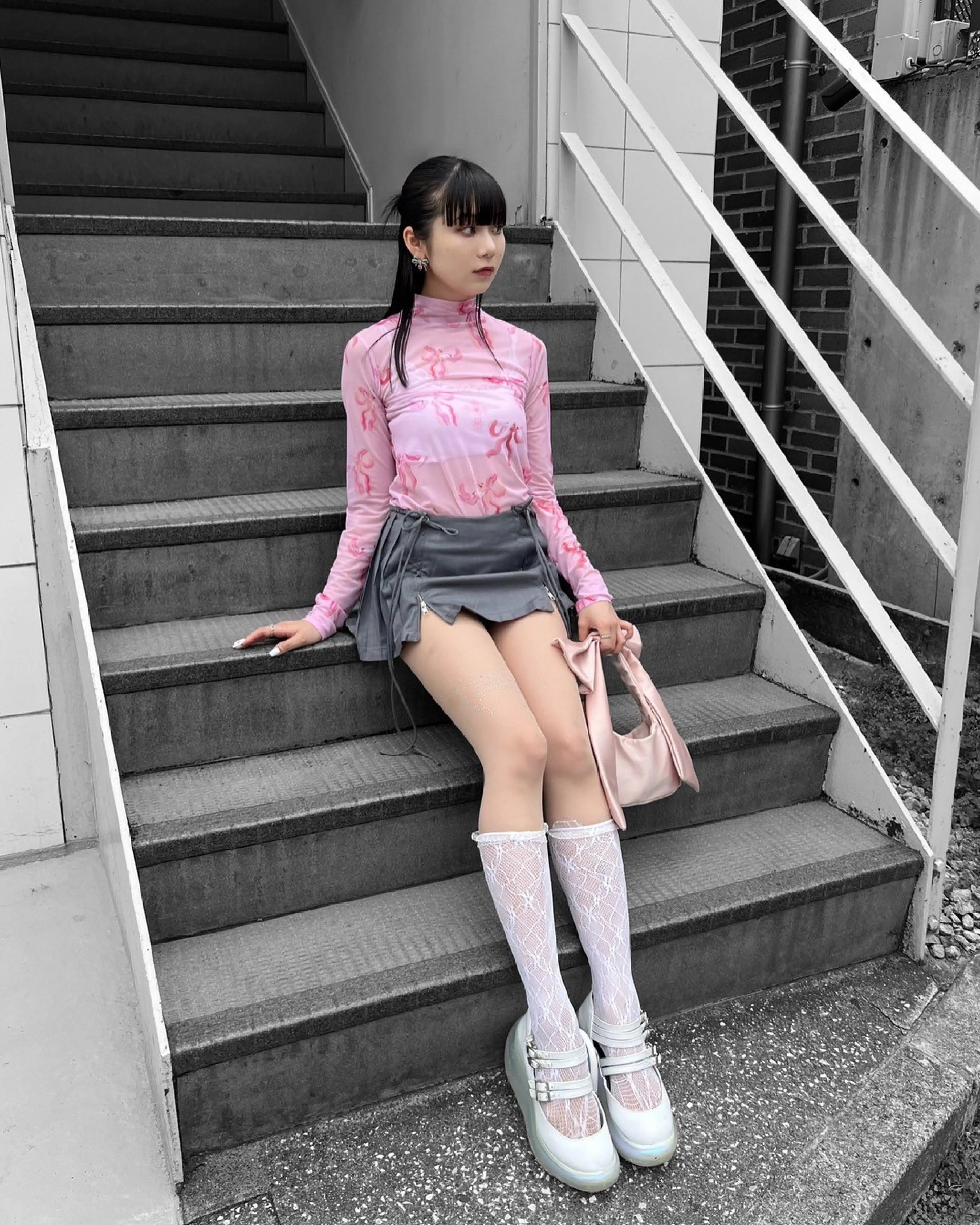 Pink base ribbon see-through tops (High neck)