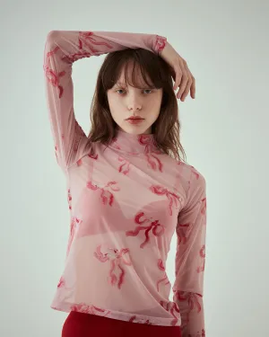 Pink base ribbon see-through tops (High neck)