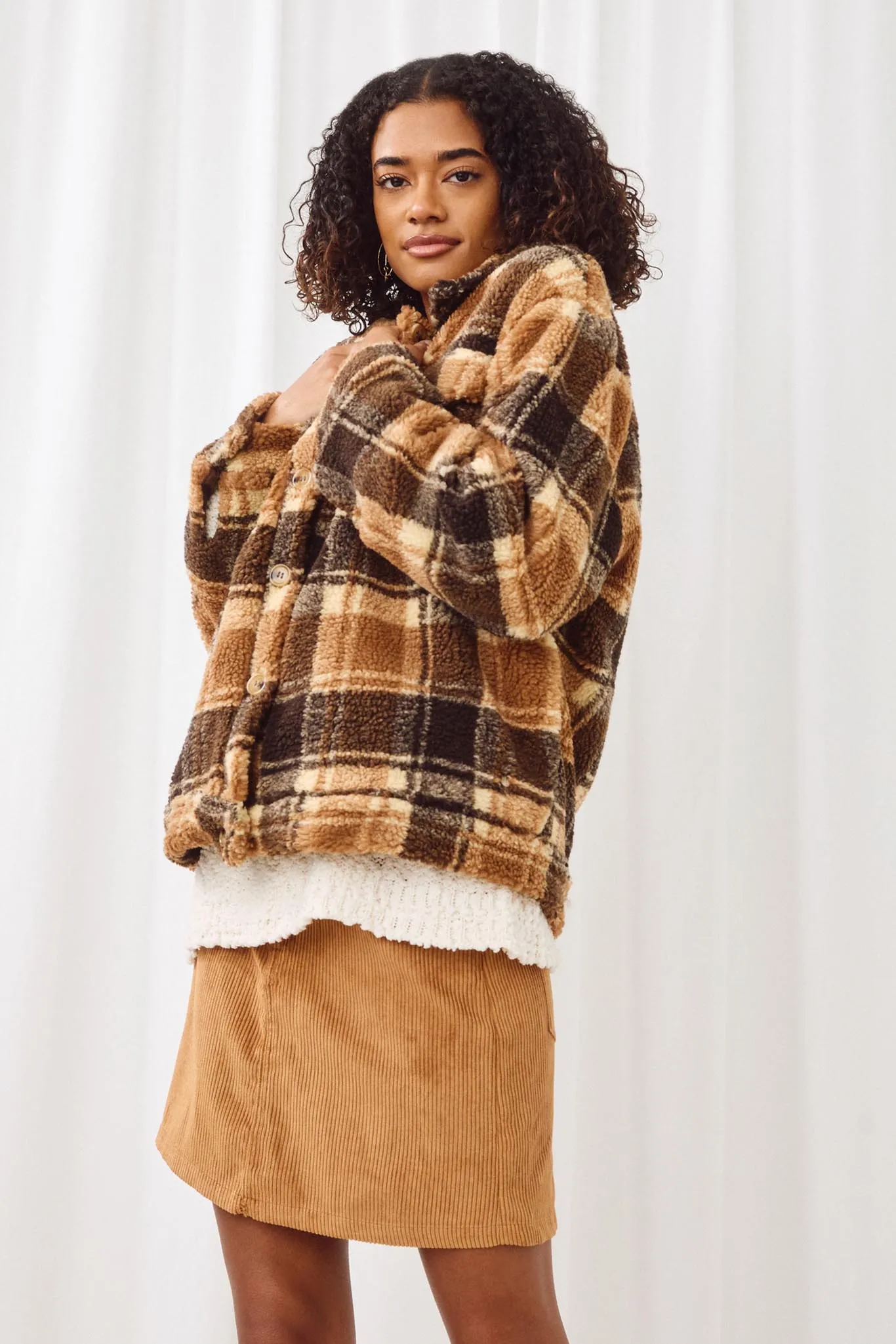 Plaid Fleece Button Up Jacket