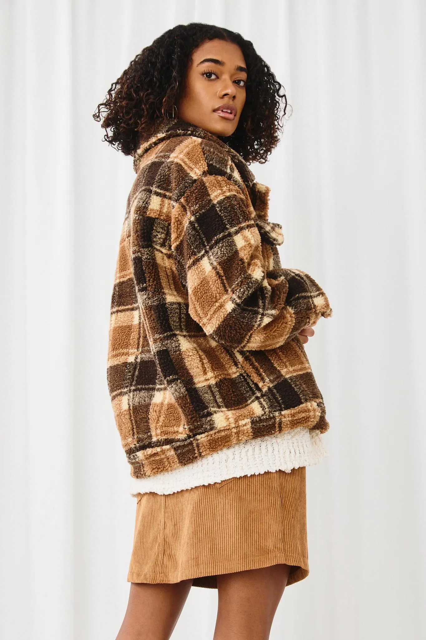 Plaid Fleece Button Up Jacket