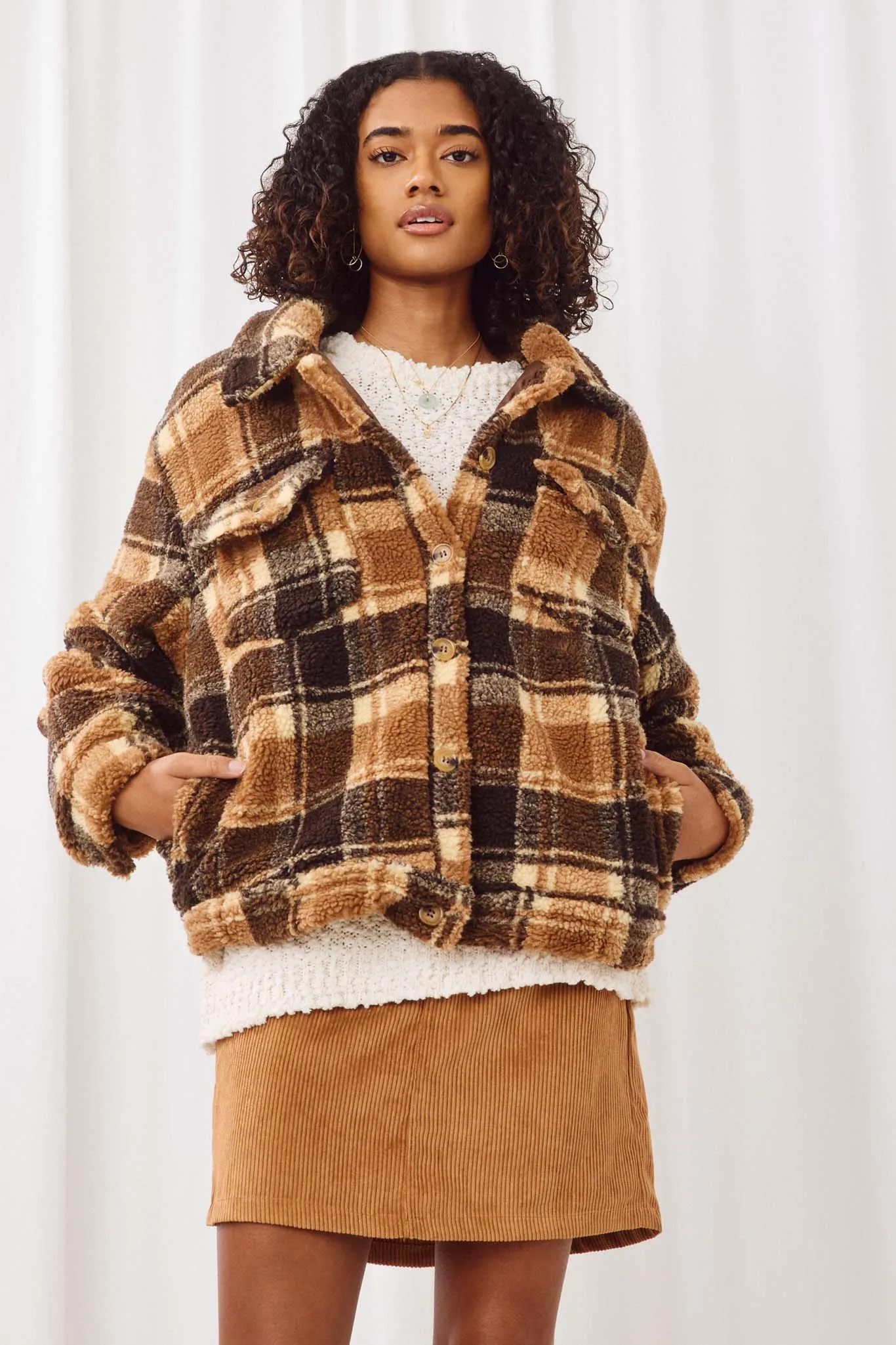 Plaid Fleece Button Up Jacket