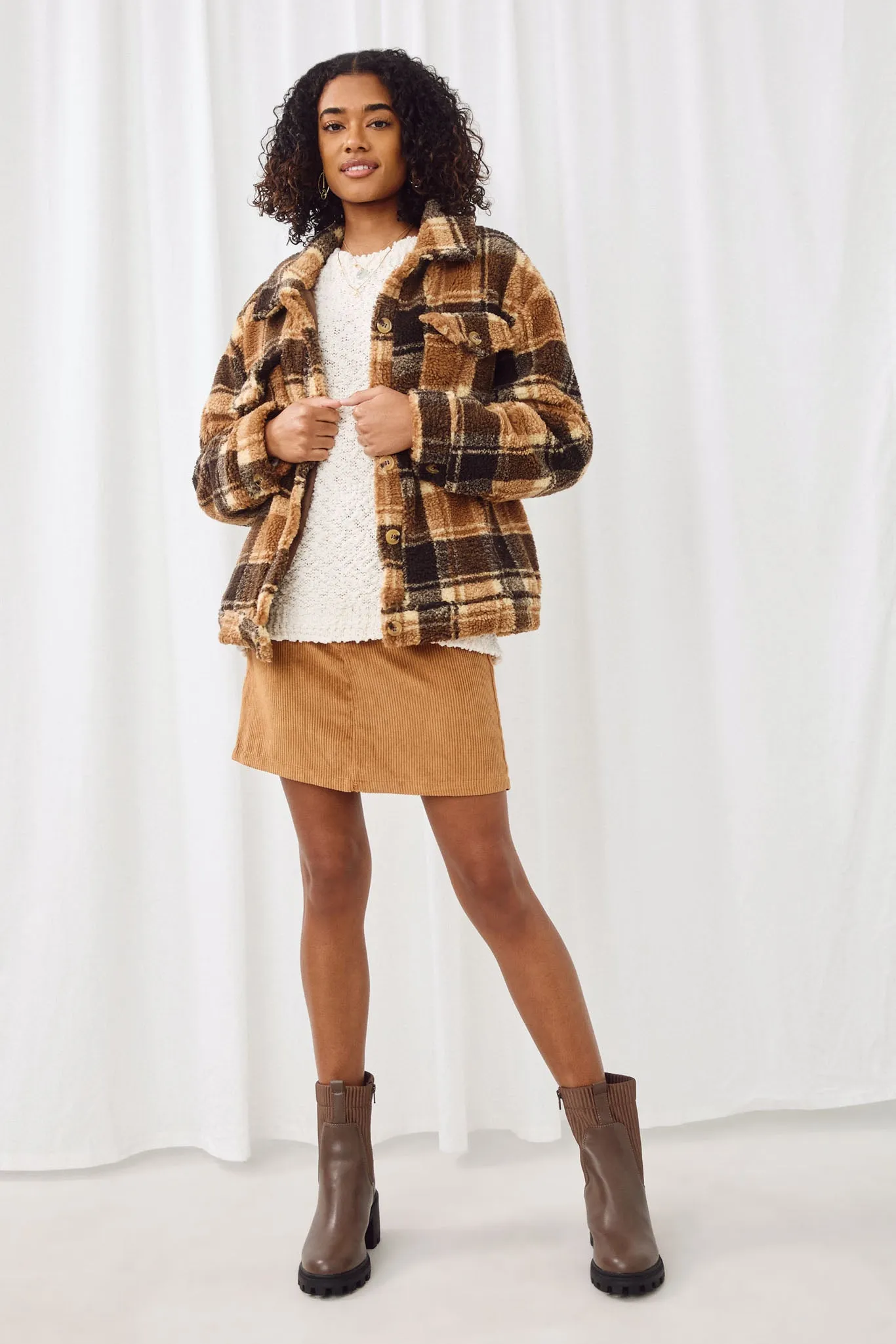 Plaid Fleece Button Up Jacket