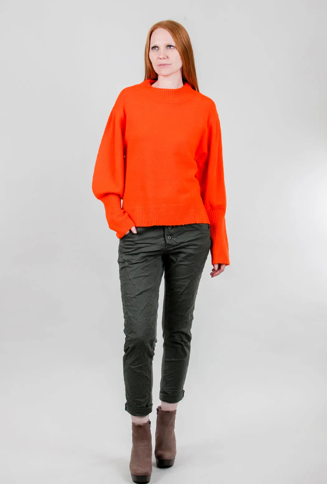 Puff-Sleeve Rib Detail Sweater, Orange