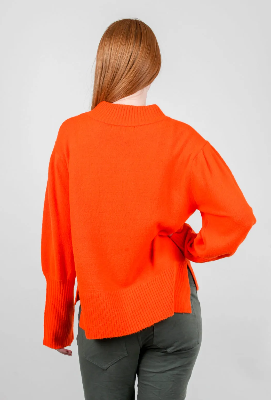 Puff-Sleeve Rib Detail Sweater, Orange