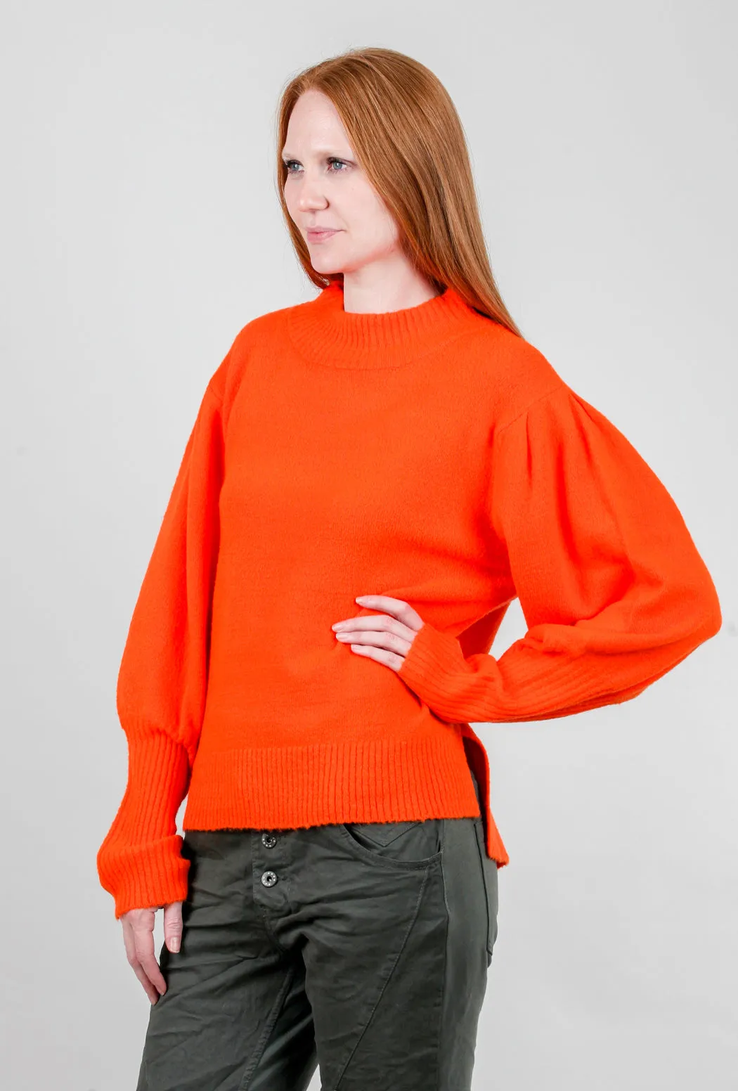 Puff-Sleeve Rib Detail Sweater, Orange