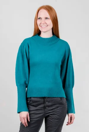 Puff-Sleeve Rib Detail Sweater, Teal