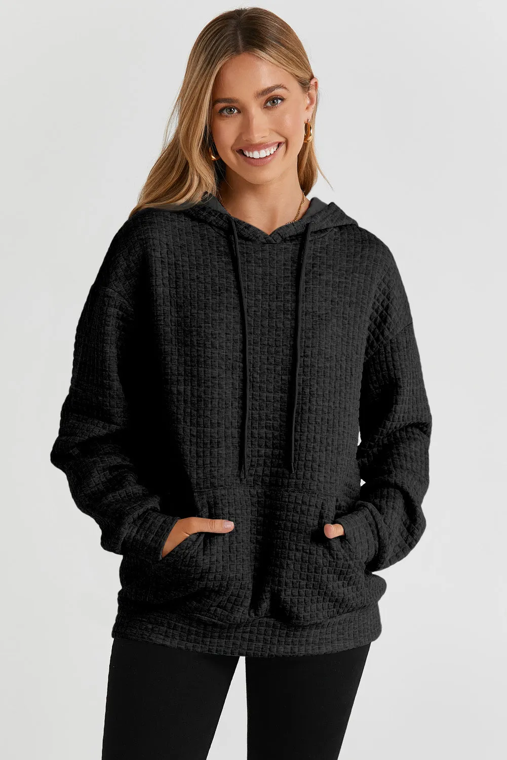 Quilted Kangaroo Pocket Drawstring Hoodie