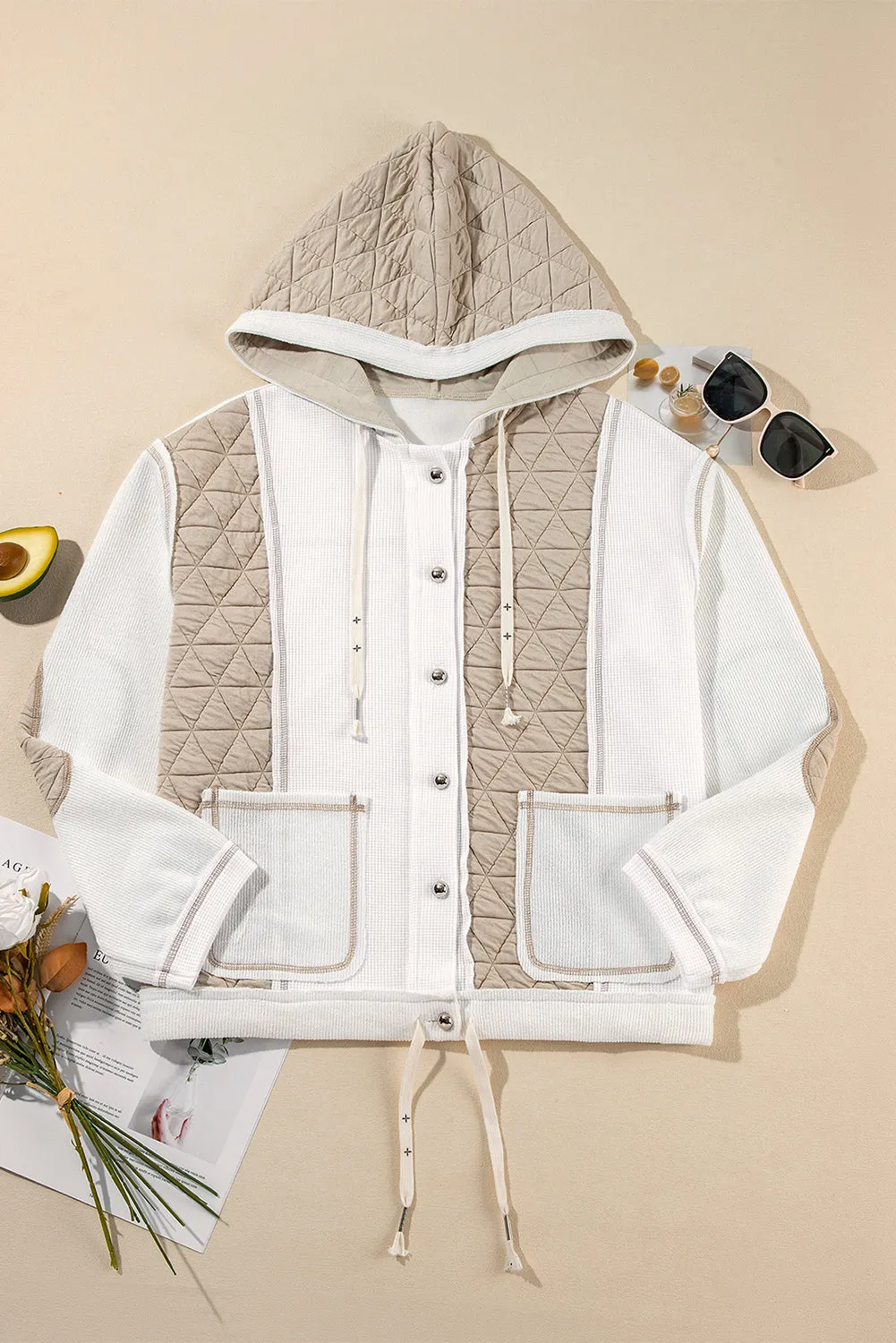 Quilted Textured Patchwork Loose Fit Hooded Jacket