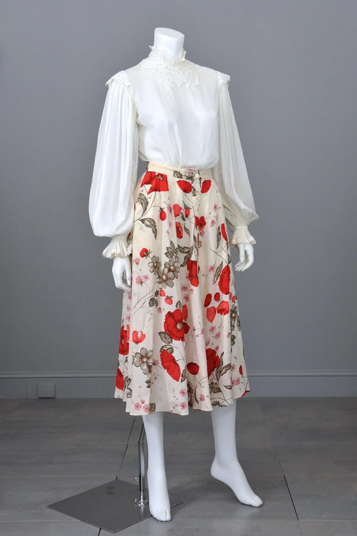 Rose Print Silk Button Down Midi Skirt