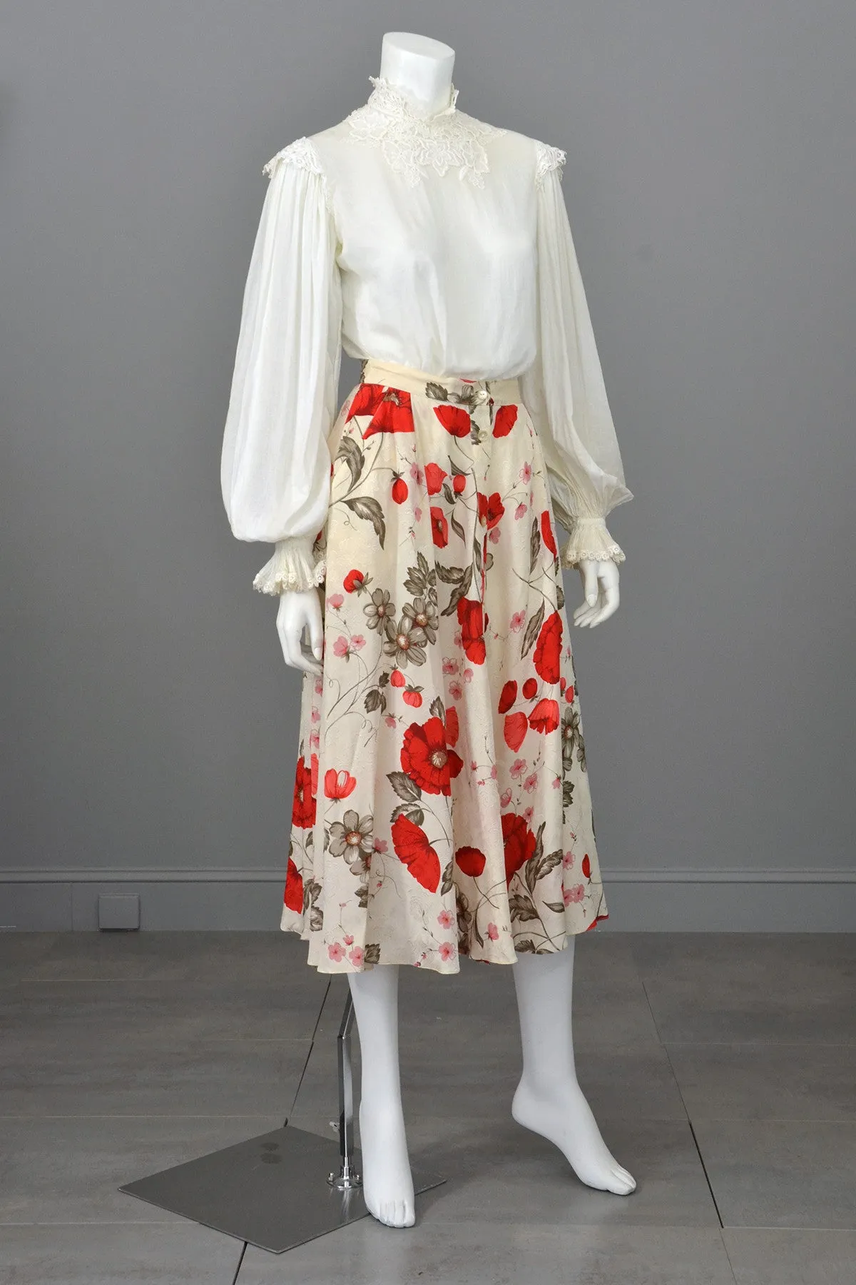 Rose Print Silk Button Down Midi Skirt