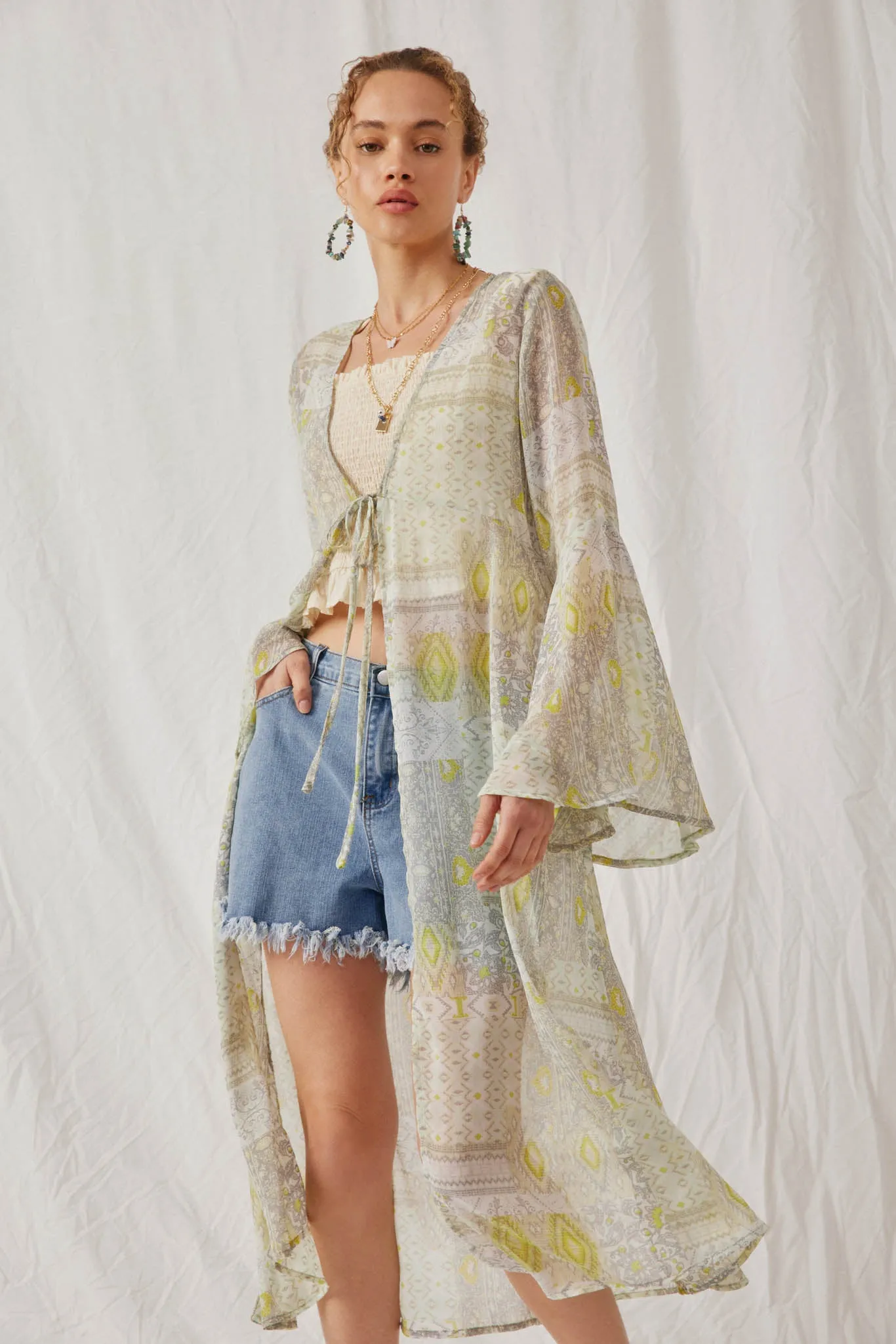 Sheer Patch Print Chiffon Tie Duster