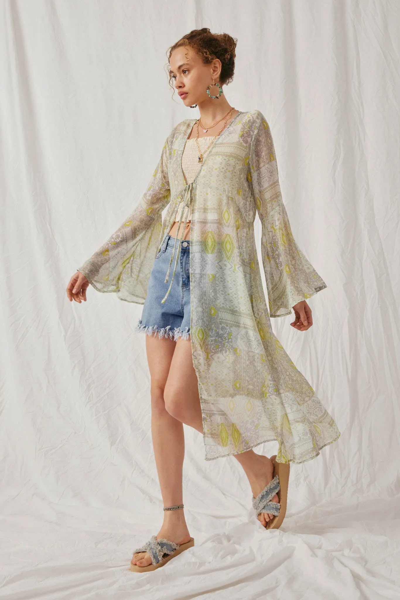 Sheer Patch Print Chiffon Tie Duster