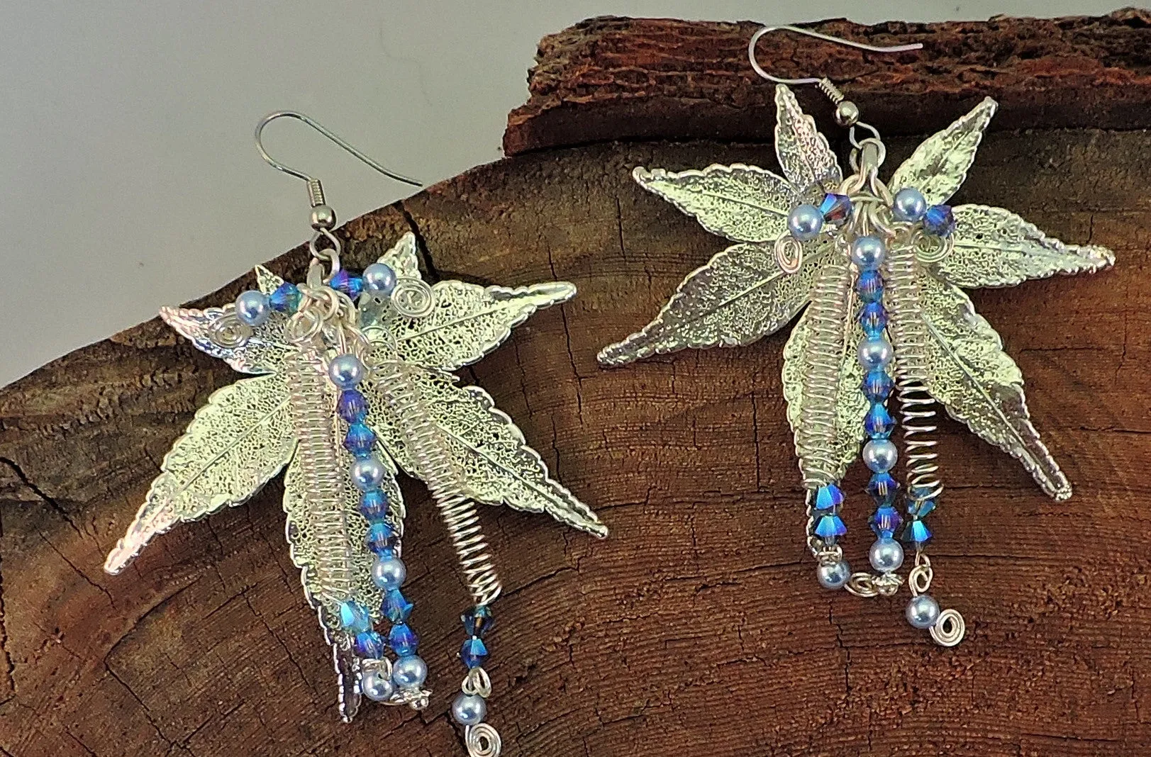 Silver Maple Leaf Dangle Earrings with Swarovski Blue Pearls and Bicone Crystals