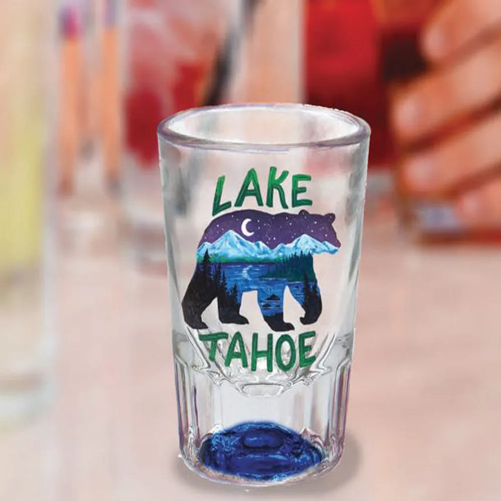 Souvenir Shot Glass Painted Bear Heavy Glass, Lake Tahoe