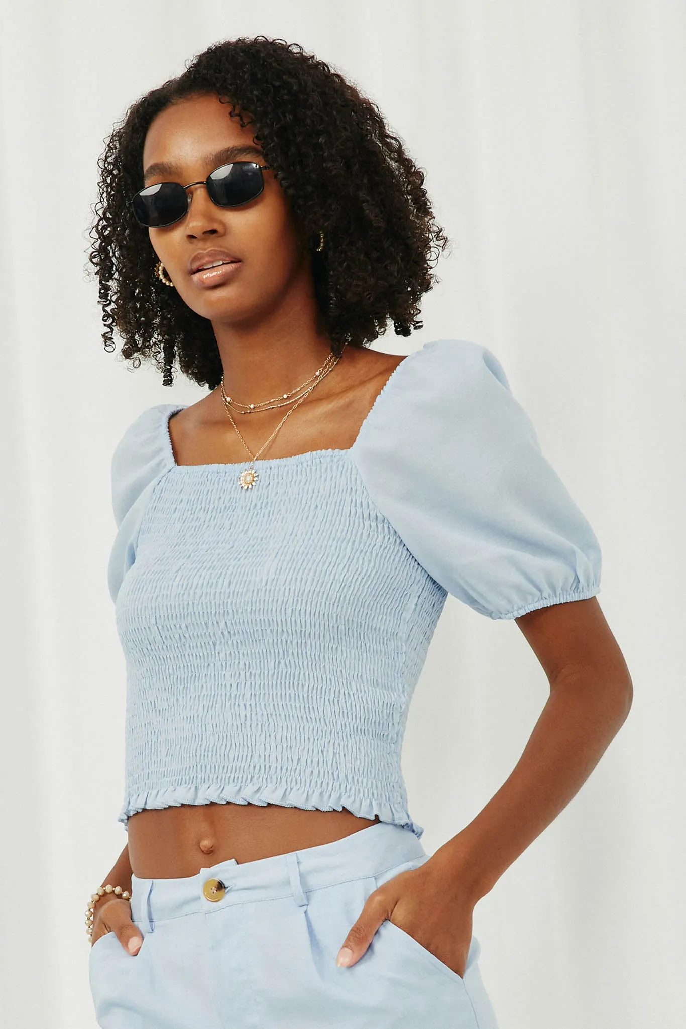 Square Neck Smocked Puff Sleeve Crop Top