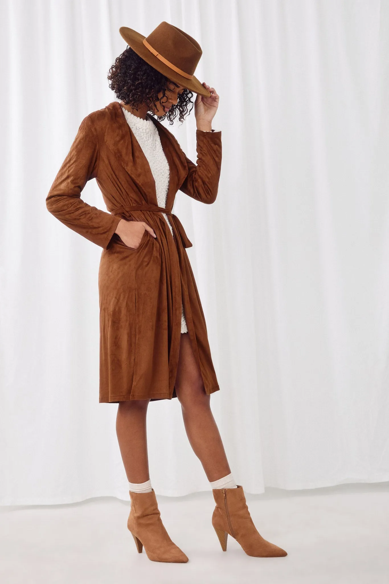 Suede Belted Side Slit Duster