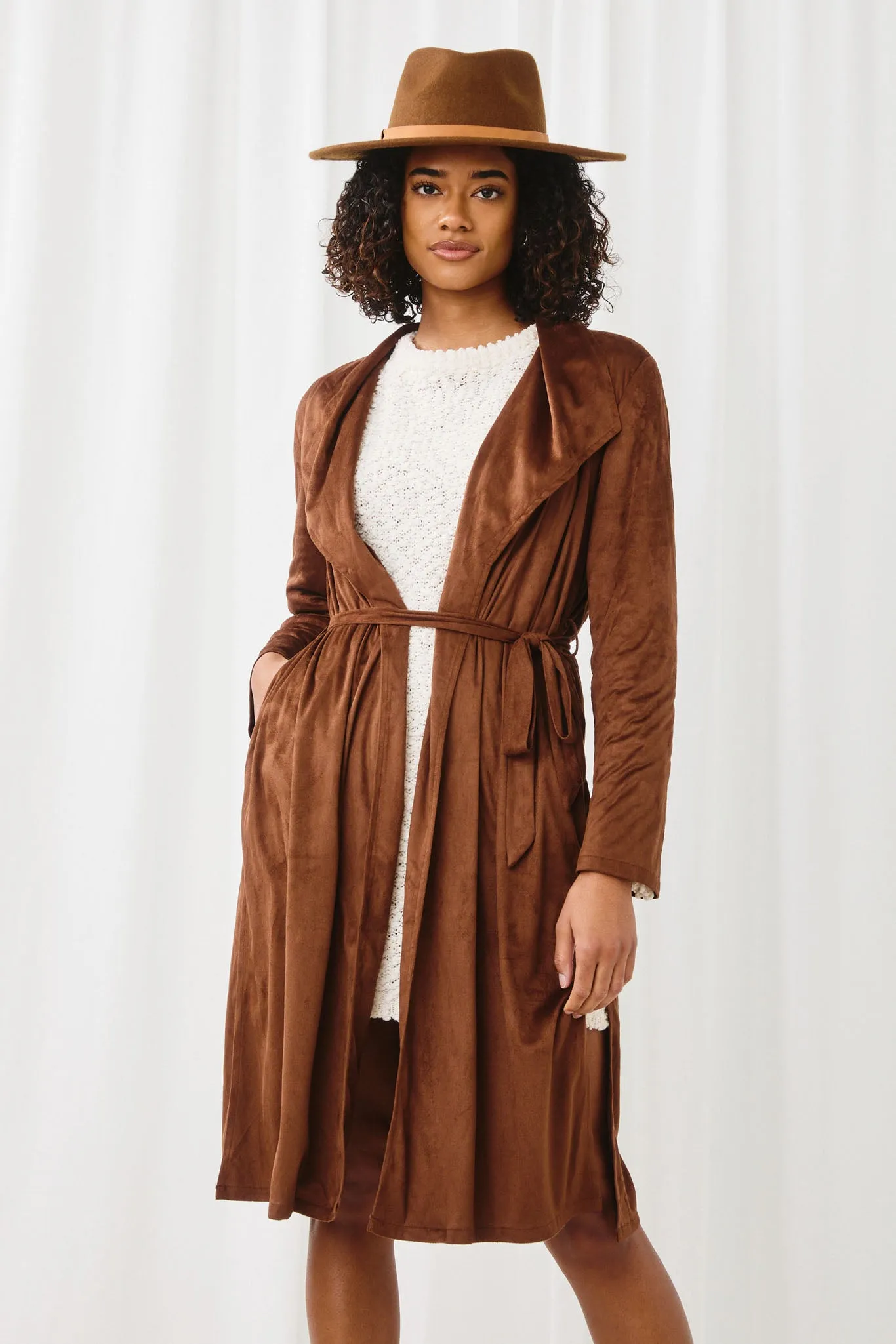 Suede Belted Side Slit Duster