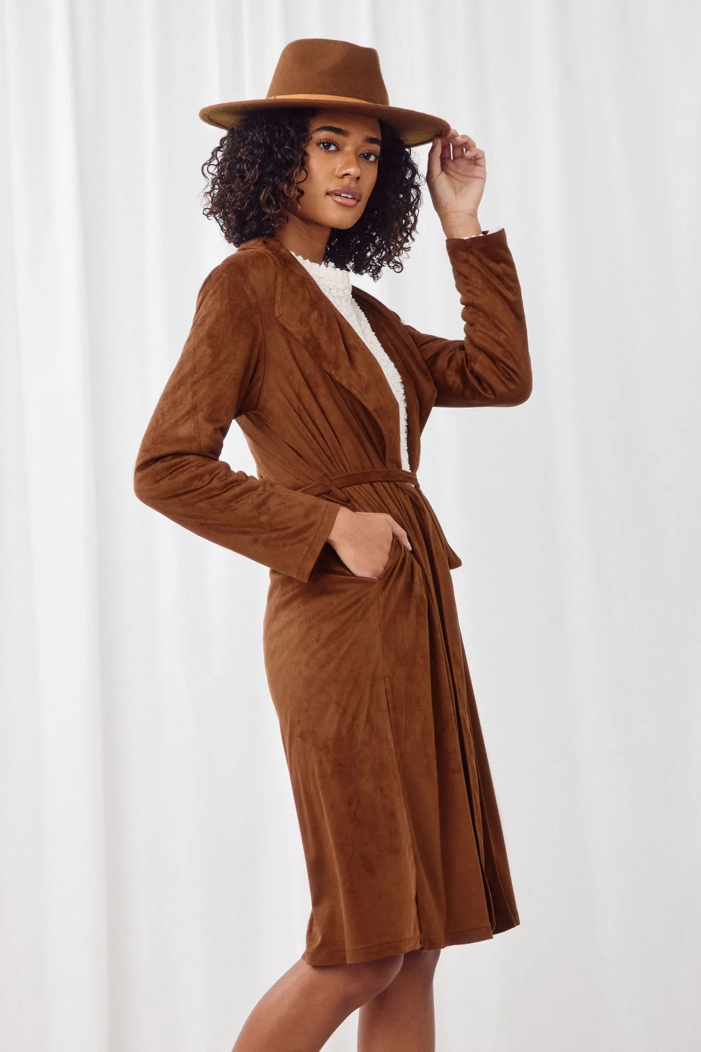 Suede Belted Side Slit Duster