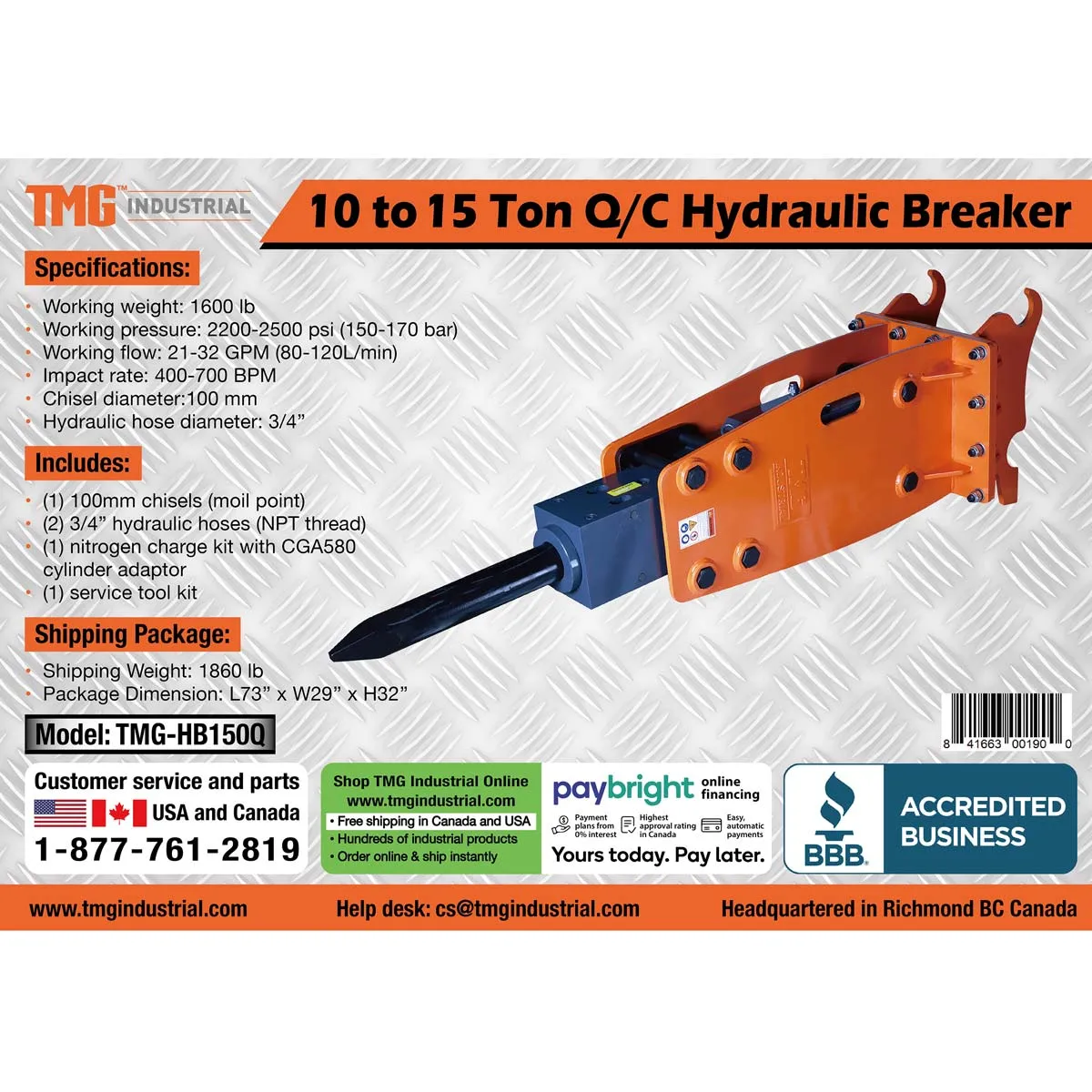 TMG-HB150Q 10 to 15 Ton Q/C Excavator Hydraulic Breaker, 4'' (100mm) Moil Point Chisel, 1960 Joules Impact Energy, 400-700BPM