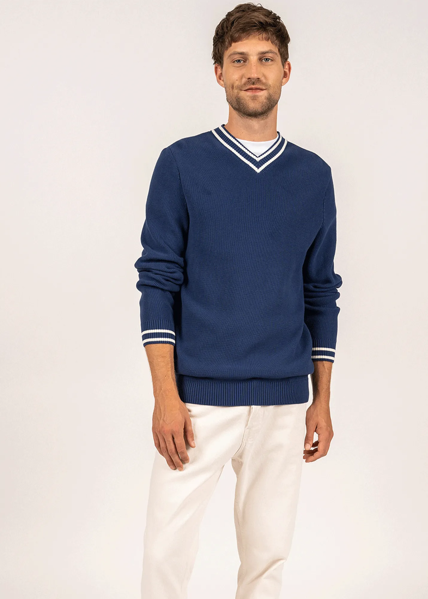 TREGUIER - V-Neck Purl Knit Sweater (INDIGO / IVORY)