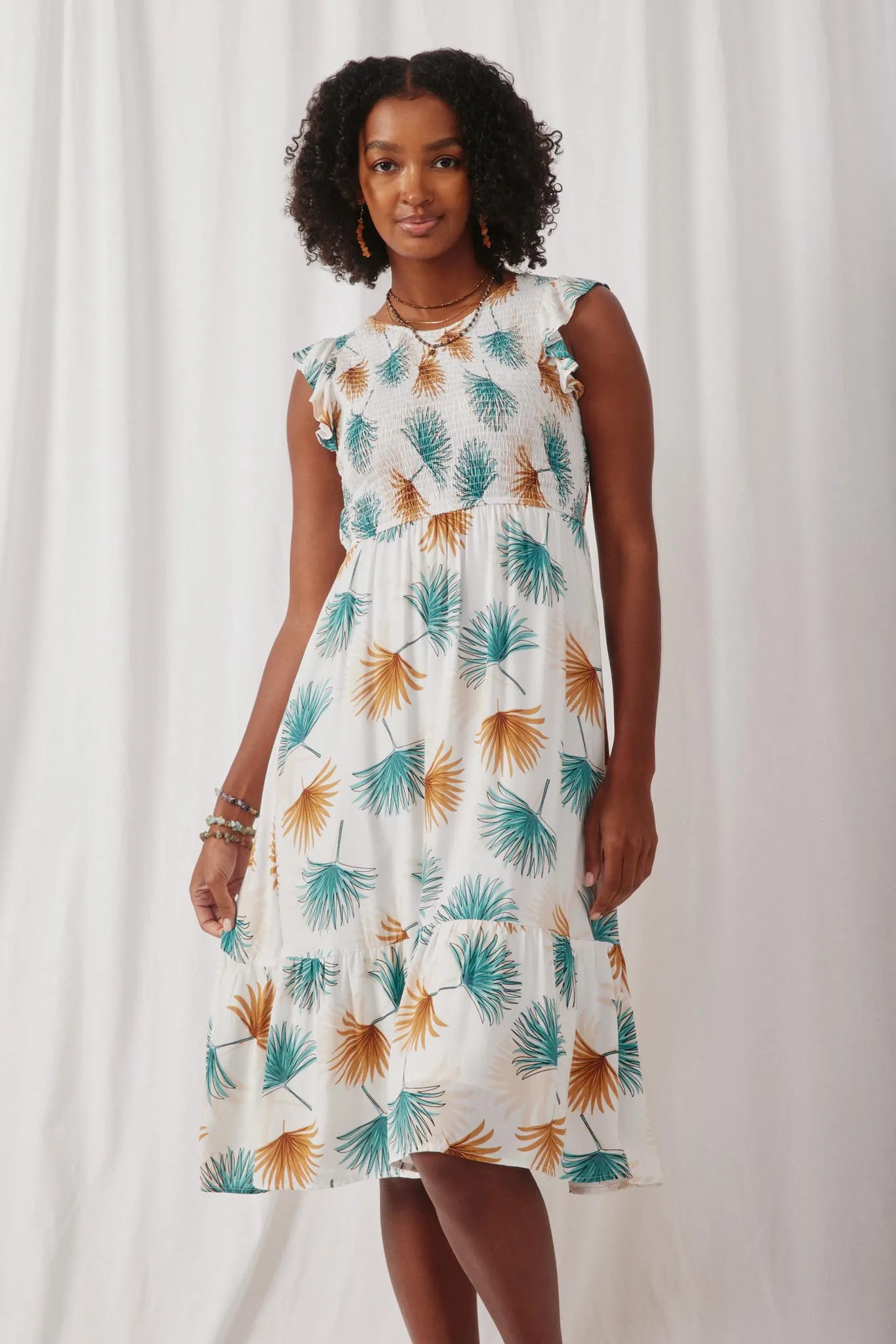 Tropical Botanical Smocked Ruffle Dress