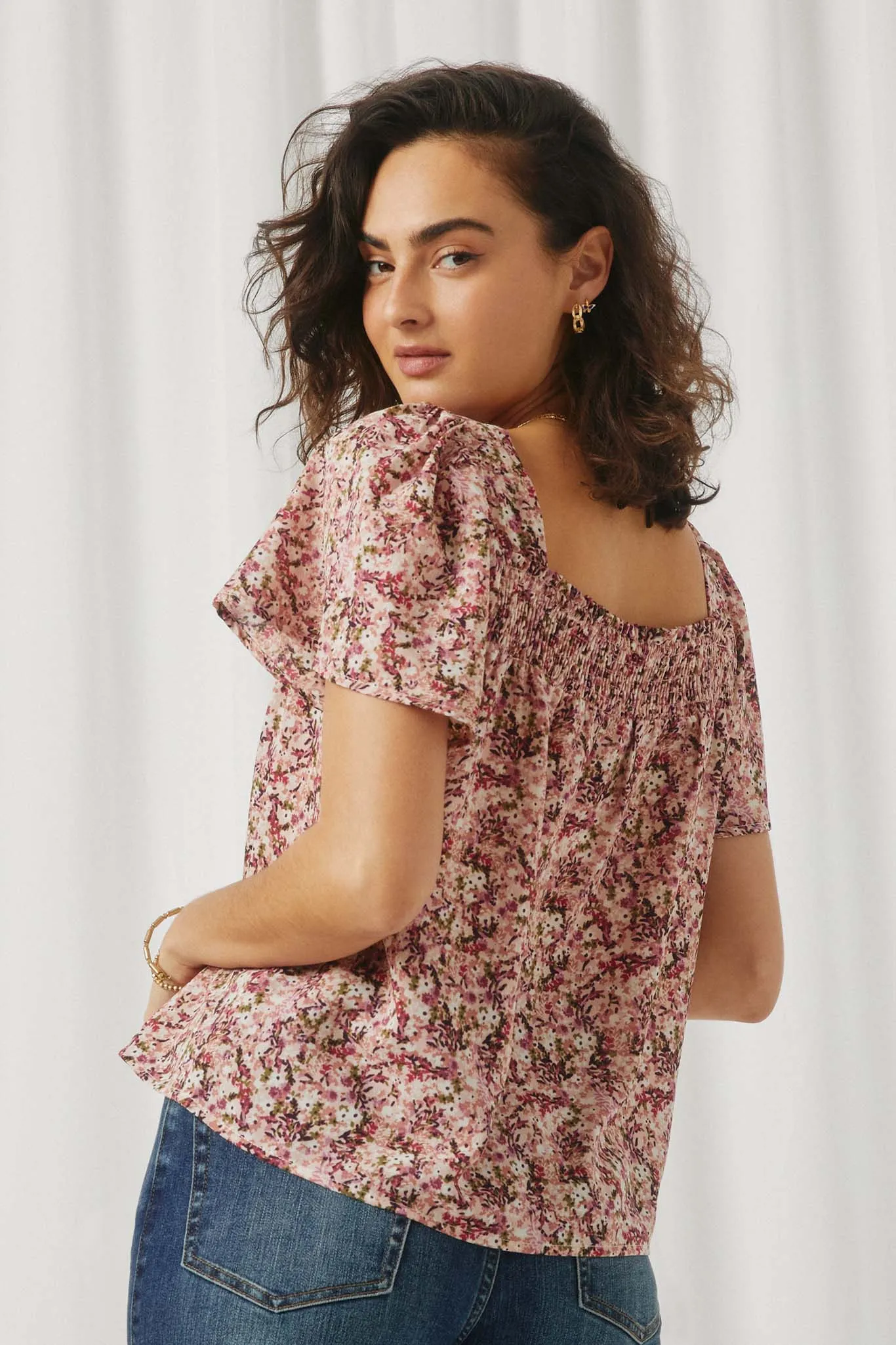 Womens Floral Flutter Sleeve Smocked Top