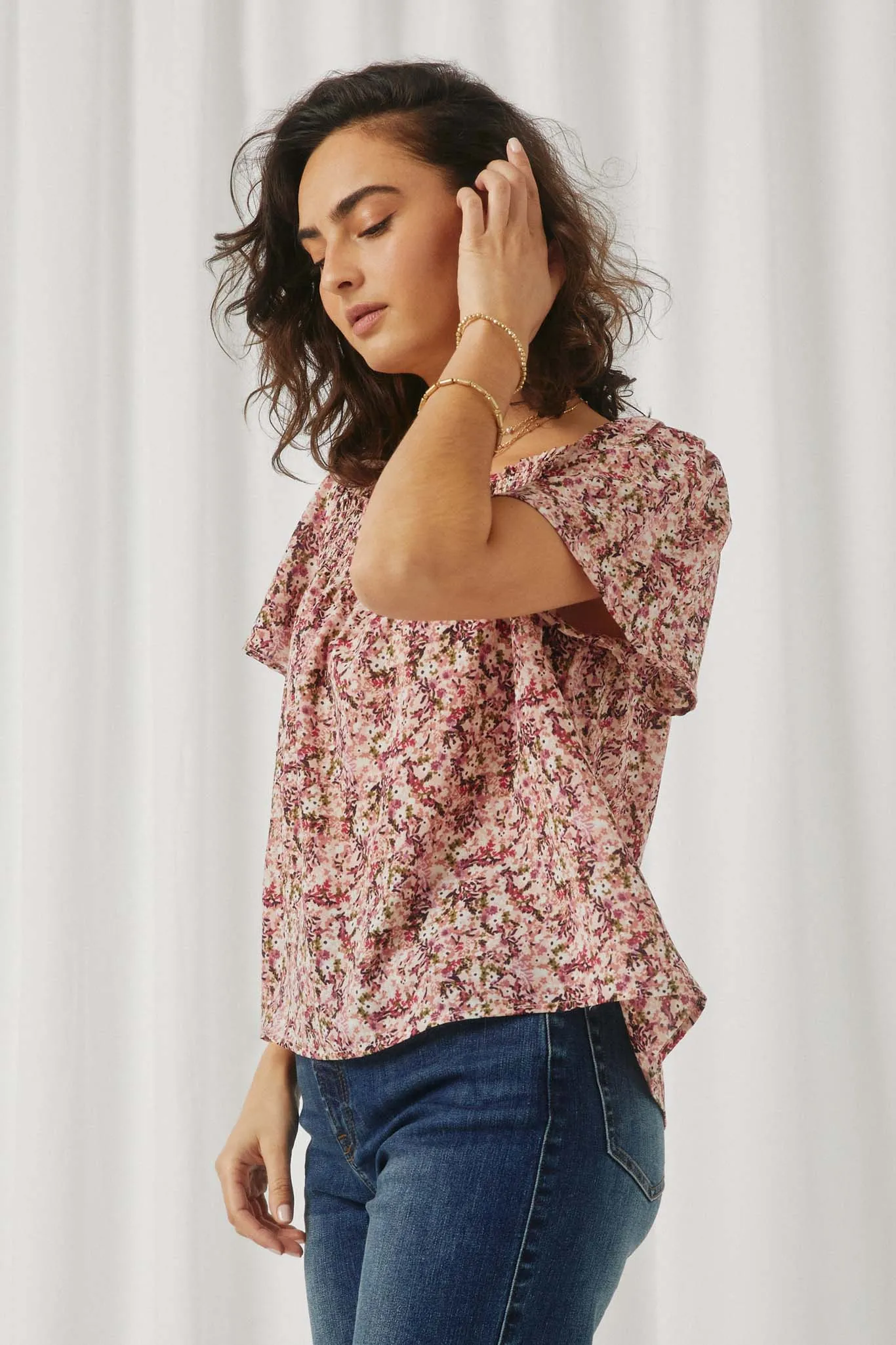 Womens Floral Flutter Sleeve Smocked Top